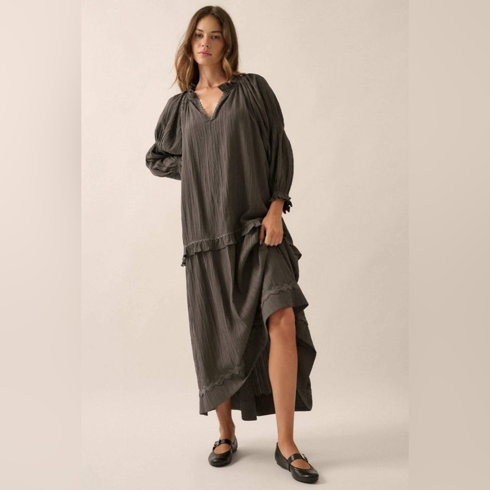 Promesa Charcoal Gray Maxi Dress with Ruffle Trim